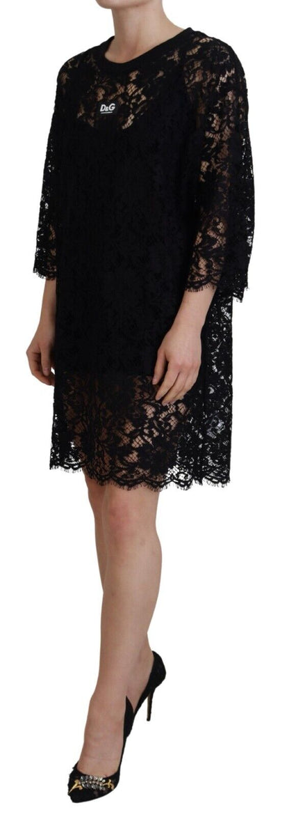 Mini-robe droite en coton noir et dentelle florale Dolce & Gabbana