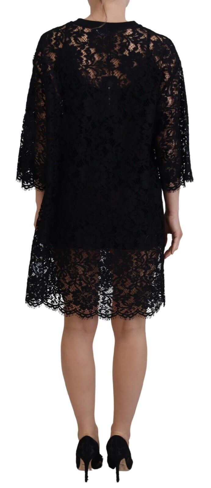 Mini-robe droite en coton noir et dentelle florale Dolce & Gabbana
