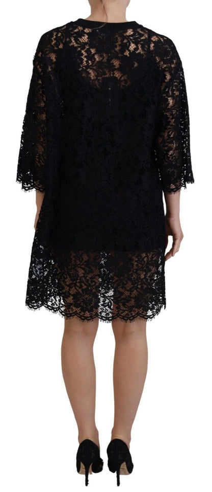 Mini-robe droite en coton noir et dentelle florale Dolce & Gabbana