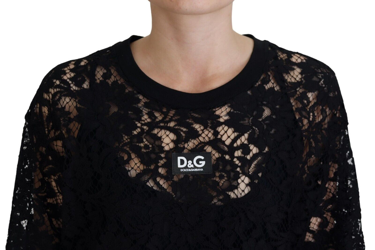 Mini-robe droite en coton noir et dentelle florale Dolce & Gabbana