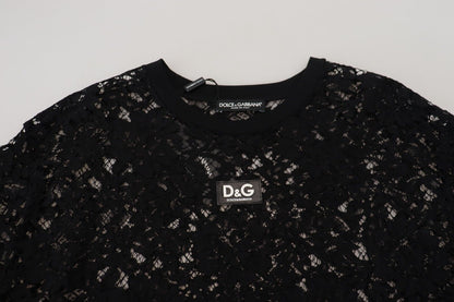 Mini-robe droite en coton noir et dentelle florale Dolce & Gabbana
