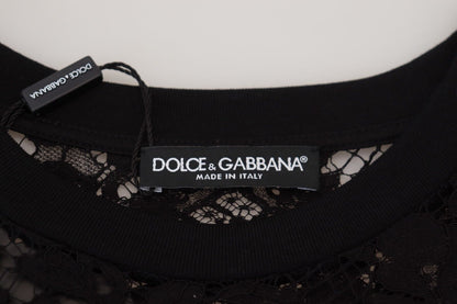 Mini-robe droite en coton noir et dentelle florale Dolce & Gabbana