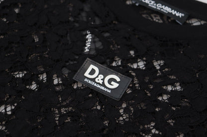Mini-robe droite en coton noir et dentelle florale Dolce & Gabbana