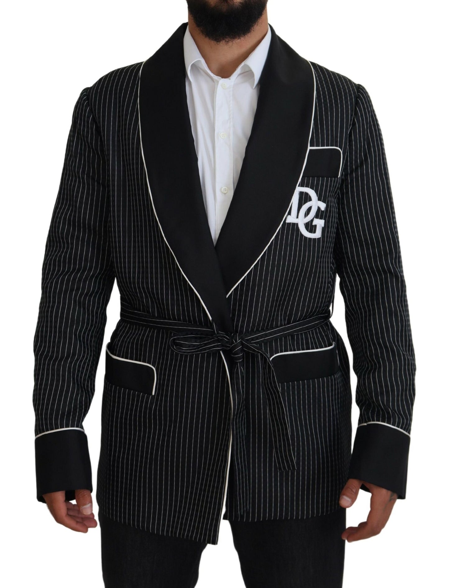 Dolce & Gabbana Blazer homme noir à rayures et patch DG