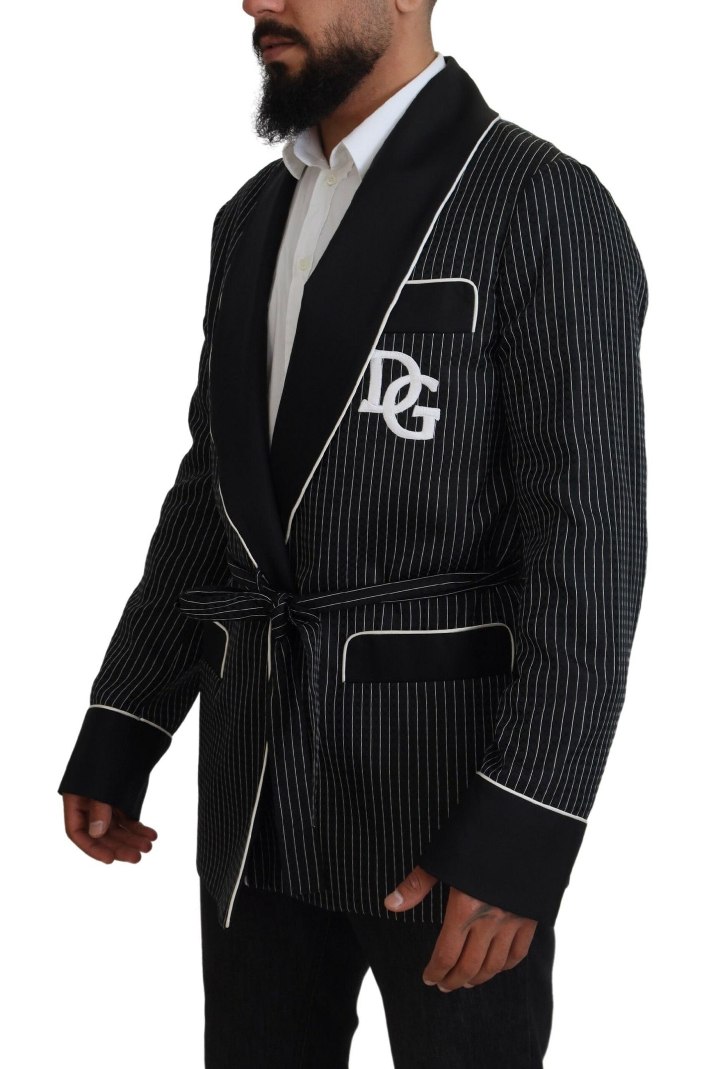 Dolce & Gabbana Blazer homme noir à rayures et patch DG