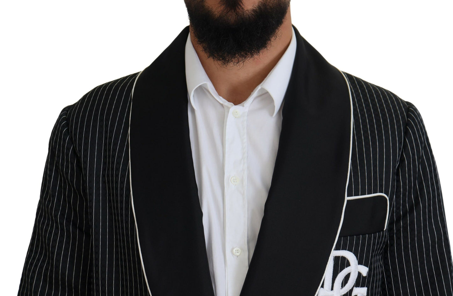 Dolce & Gabbana Blazer homme noir à rayures et patch DG