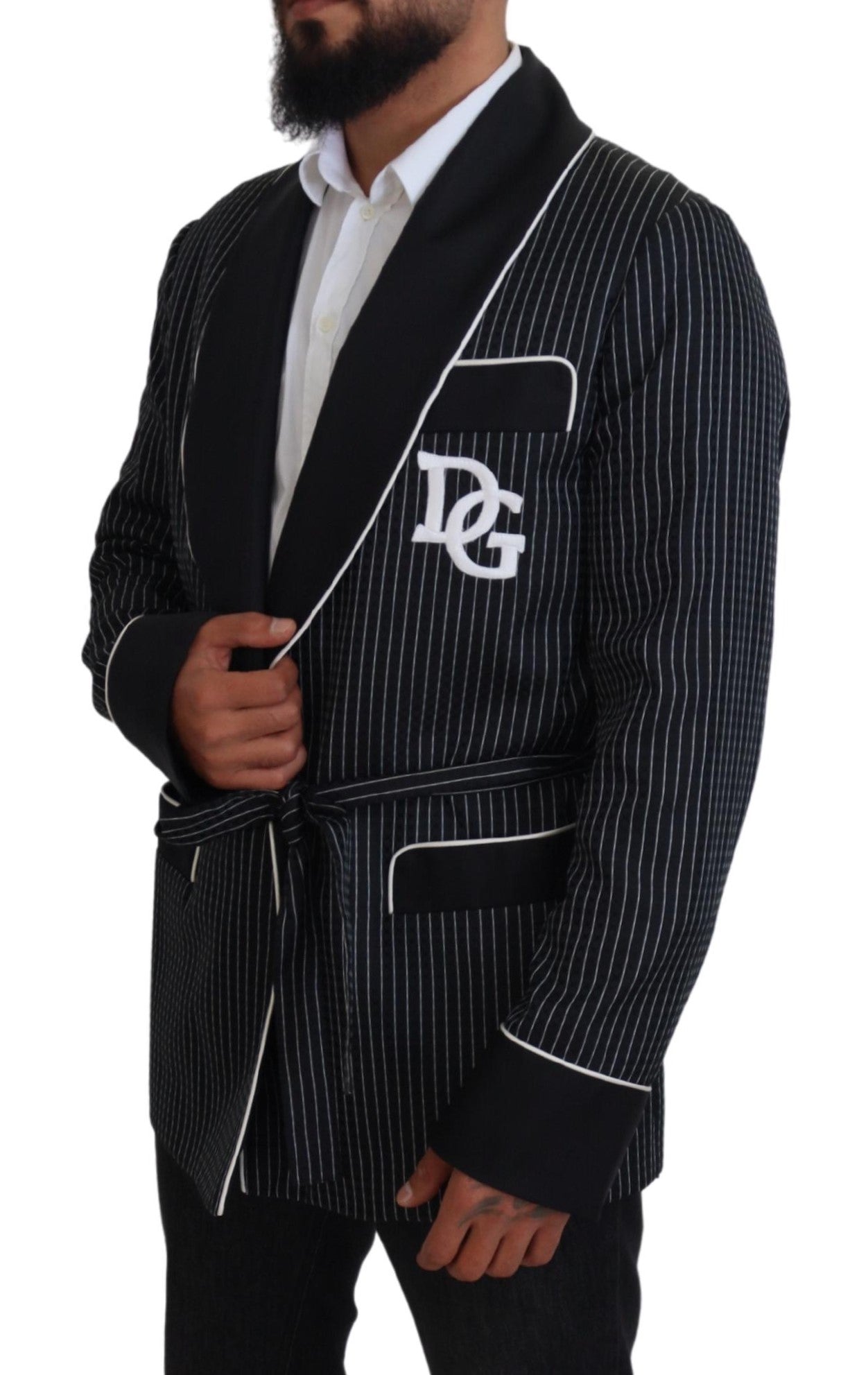 Dolce & Gabbana Blazer homme noir à rayures et patch DG