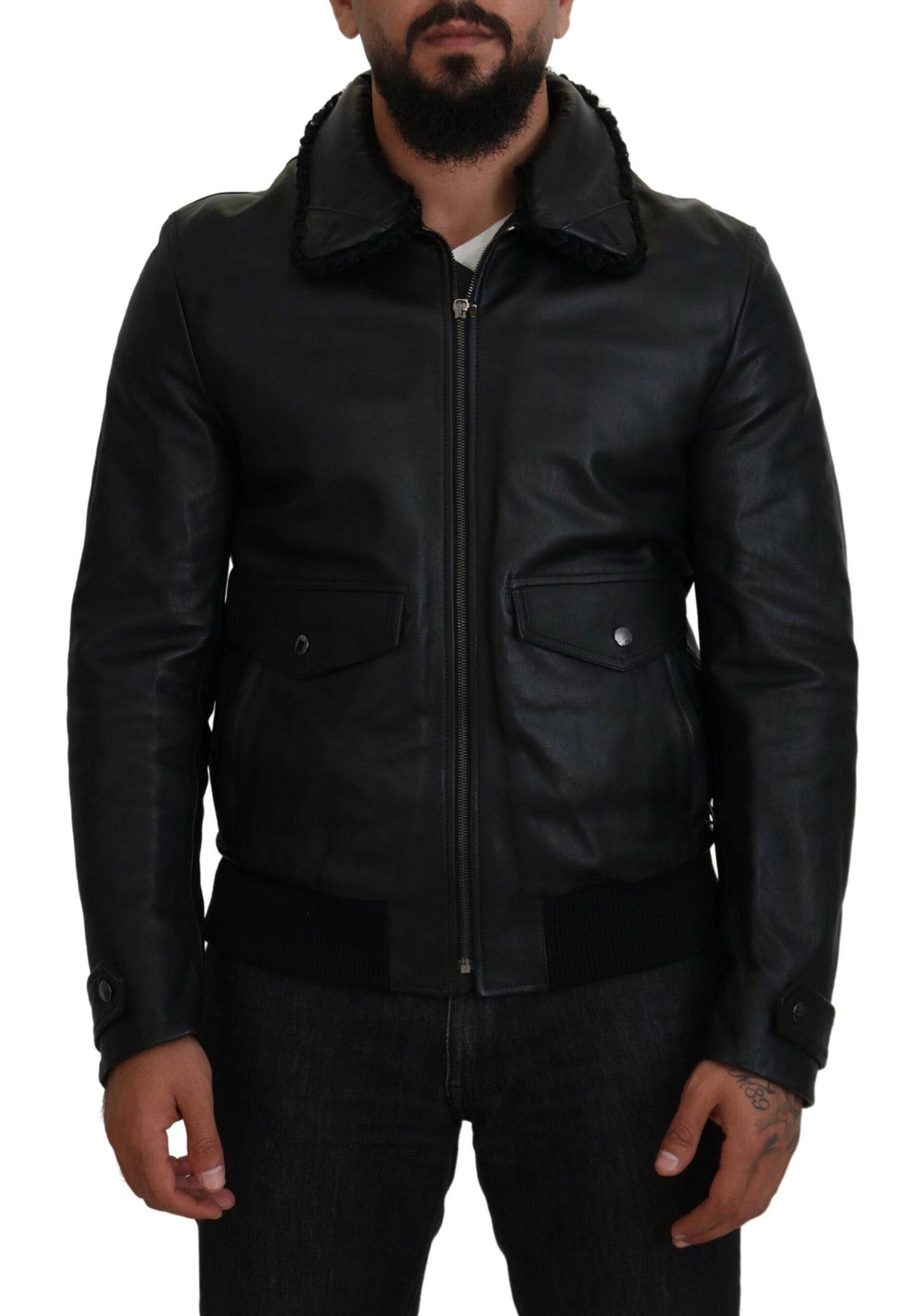 Manteau-veste col en cuir d'agneau noir homme Dolce & Gabbana