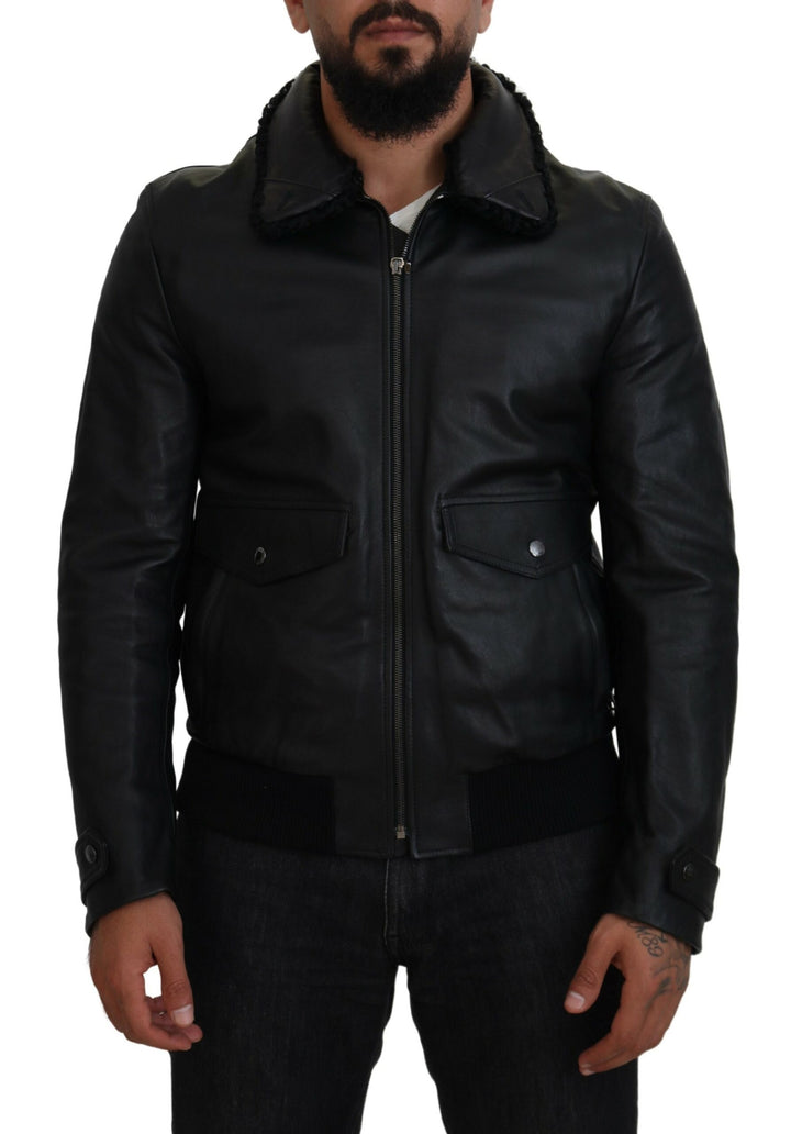 Chaqueta/abrigo de cuero de cordero negro con cuello para hombre de Dolce & Gabbana