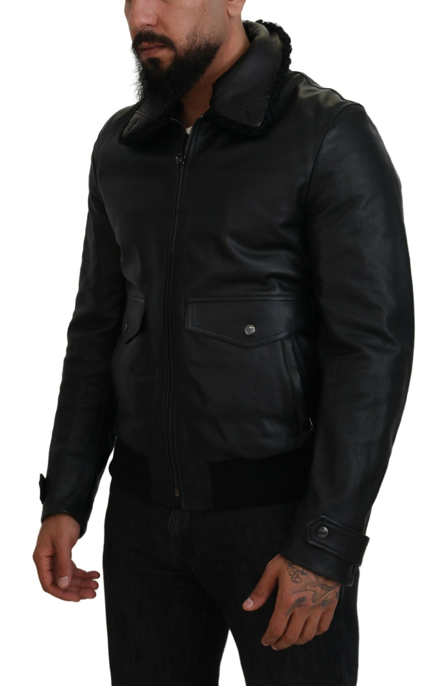 Manteau-veste col en cuir d'agneau noir homme Dolce & Gabbana