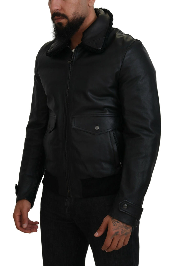 Chaqueta/abrigo de cuero de cordero negro con cuello para hombre de Dolce & Gabbana