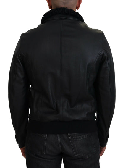 Manteau-veste col en cuir d'agneau noir homme Dolce & Gabbana