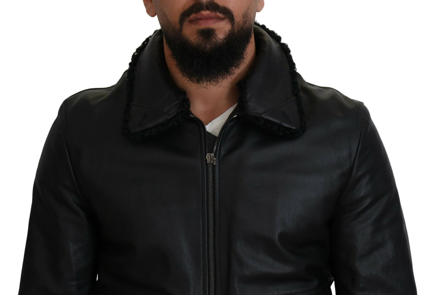 Manteau-veste col en cuir d'agneau noir homme Dolce & Gabbana