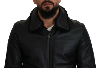 Manteau-veste col en cuir d'agneau noir homme Dolce & Gabbana