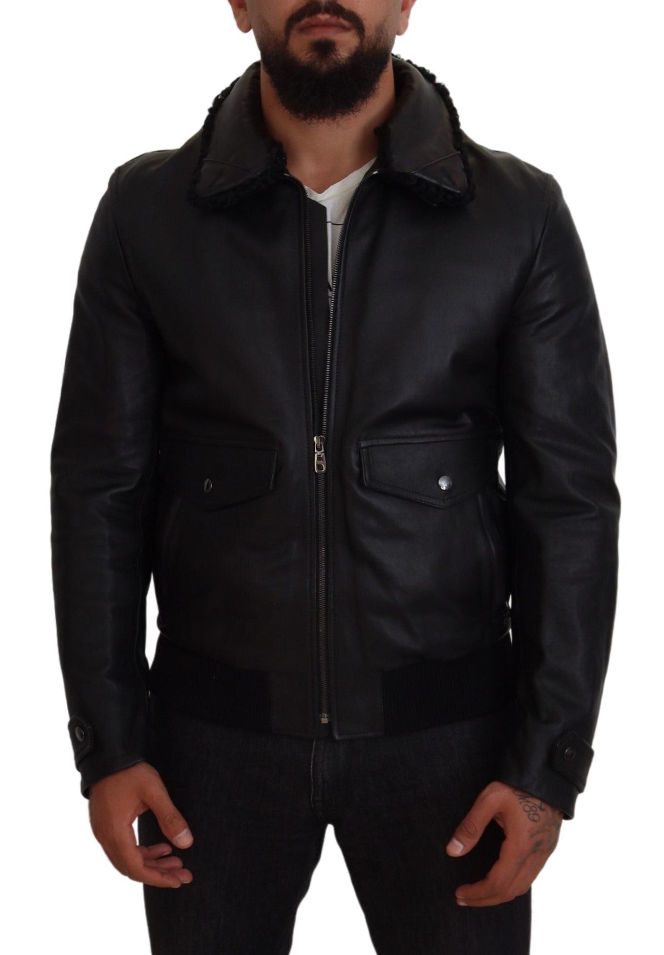 Manteau-veste col en cuir d'agneau noir homme Dolce & Gabbana