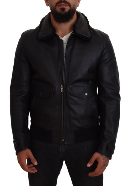 Manteau-veste col en cuir d'agneau noir homme Dolce & Gabbana