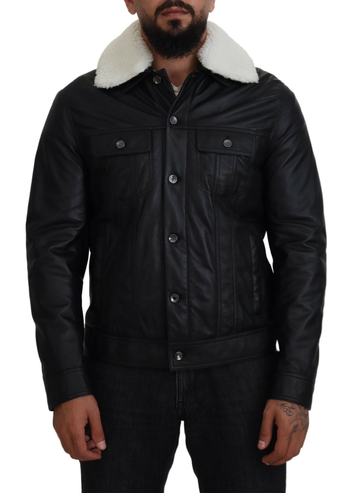 Manteau veste en cuir d'agneau noir avec col pour homme Dolce & Gabbana