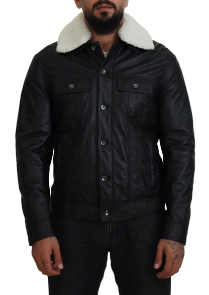 Manteau veste en cuir d'agneau noir avec col pour homme Dolce & Gabbana