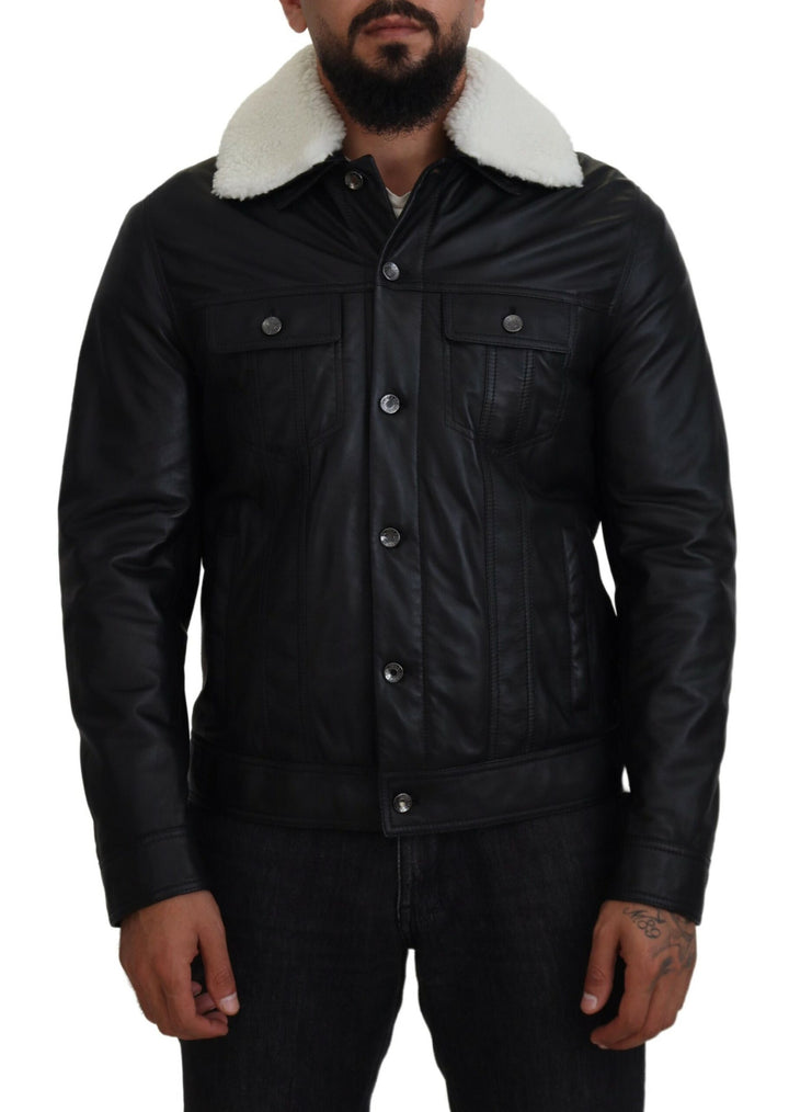 Chaqueta de hombre de cuero de cordero negro con cuello de Dolce & Gabbana