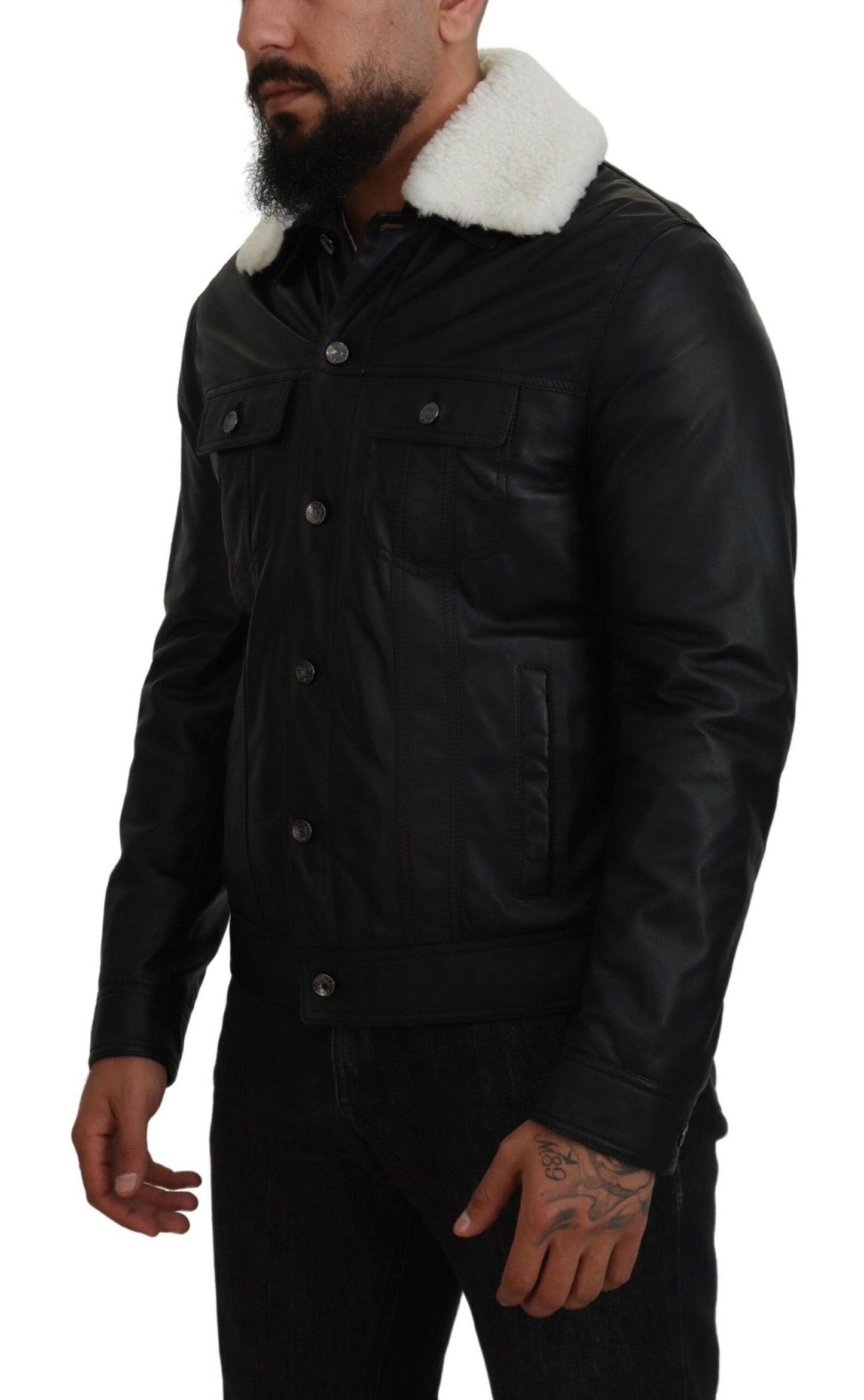 Manteau veste en cuir d'agneau noir avec col pour homme Dolce & Gabbana