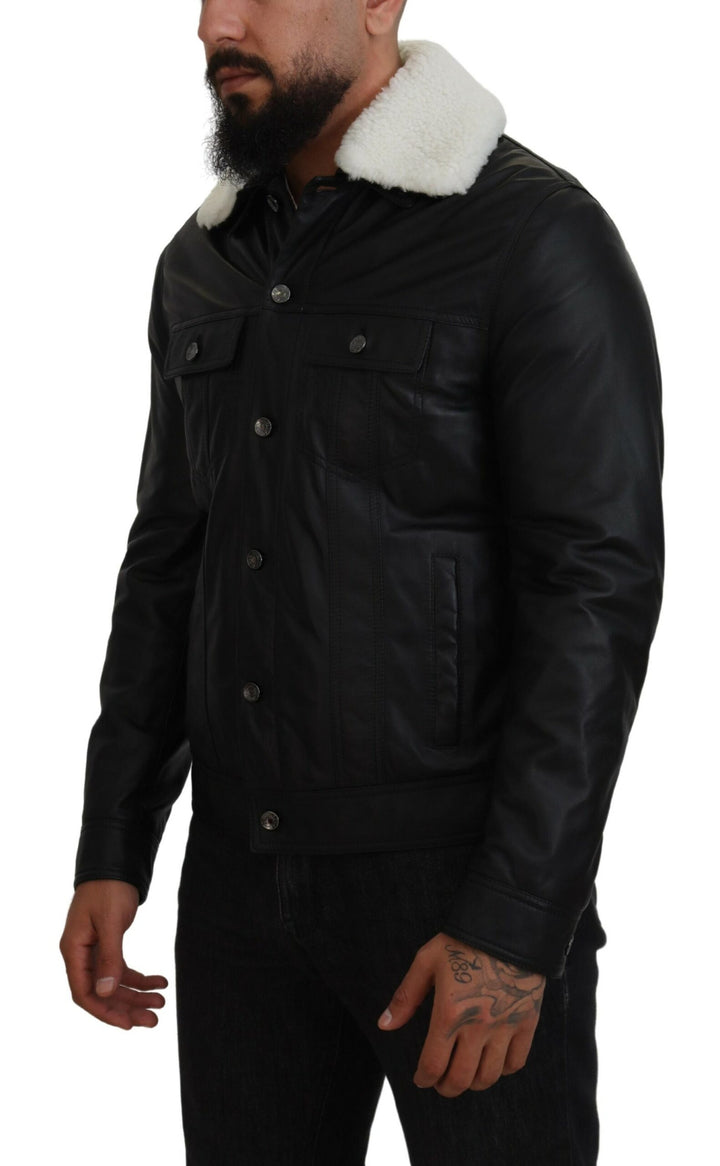 Chaqueta de hombre de cuero de cordero negro con cuello de Dolce & Gabbana