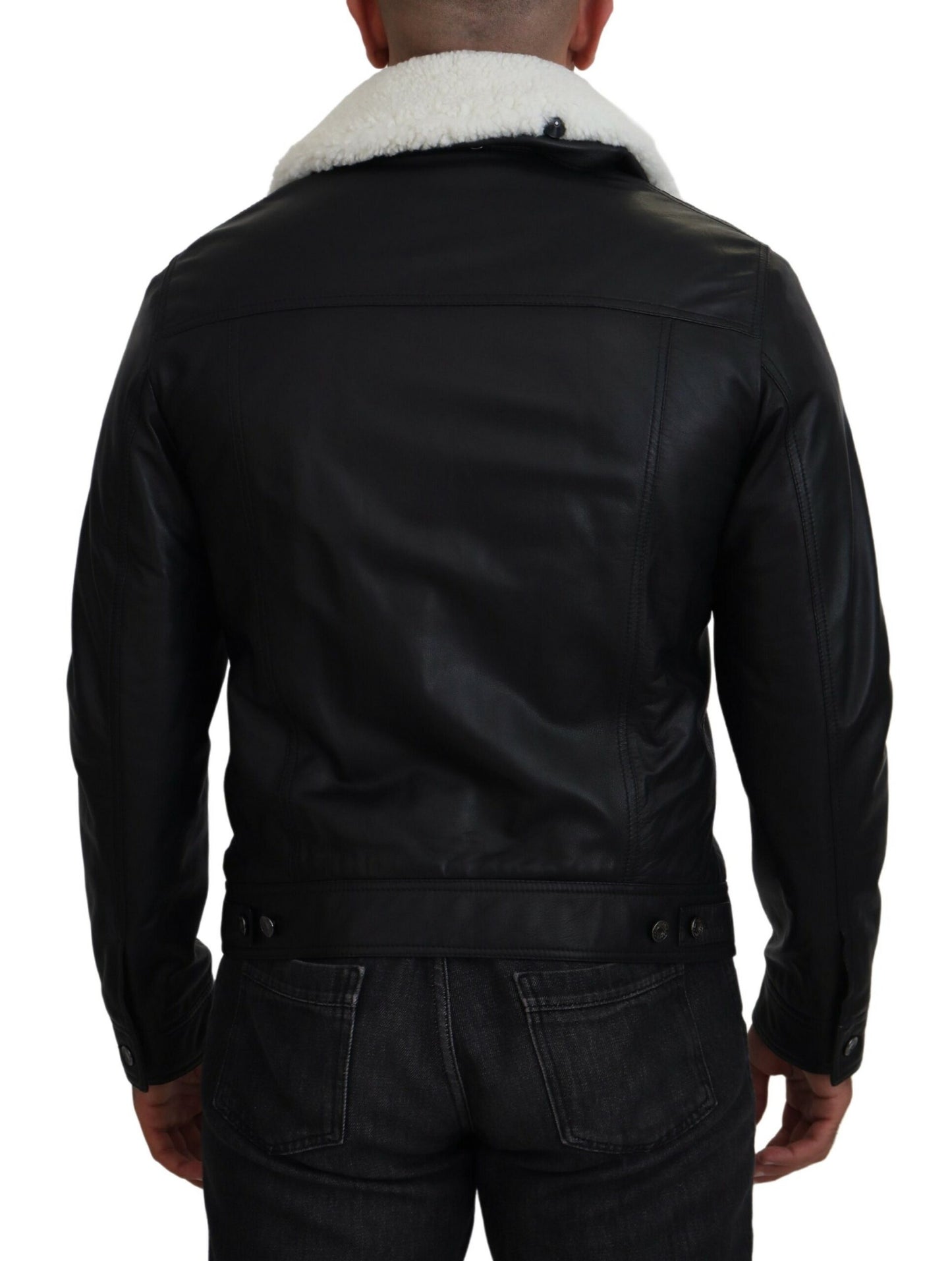 Manteau veste en cuir d'agneau noir avec col pour homme Dolce & Gabbana