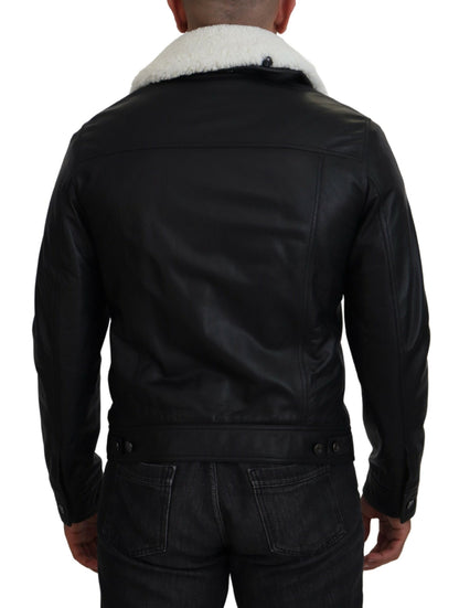 Manteau veste en cuir d'agneau noir avec col pour homme Dolce & Gabbana
