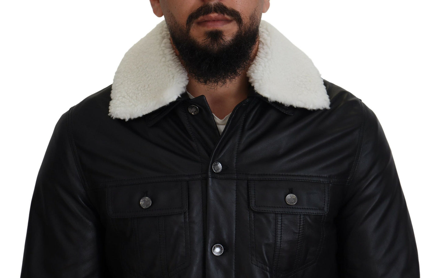 Manteau veste en cuir d'agneau noir avec col pour homme Dolce & Gabbana