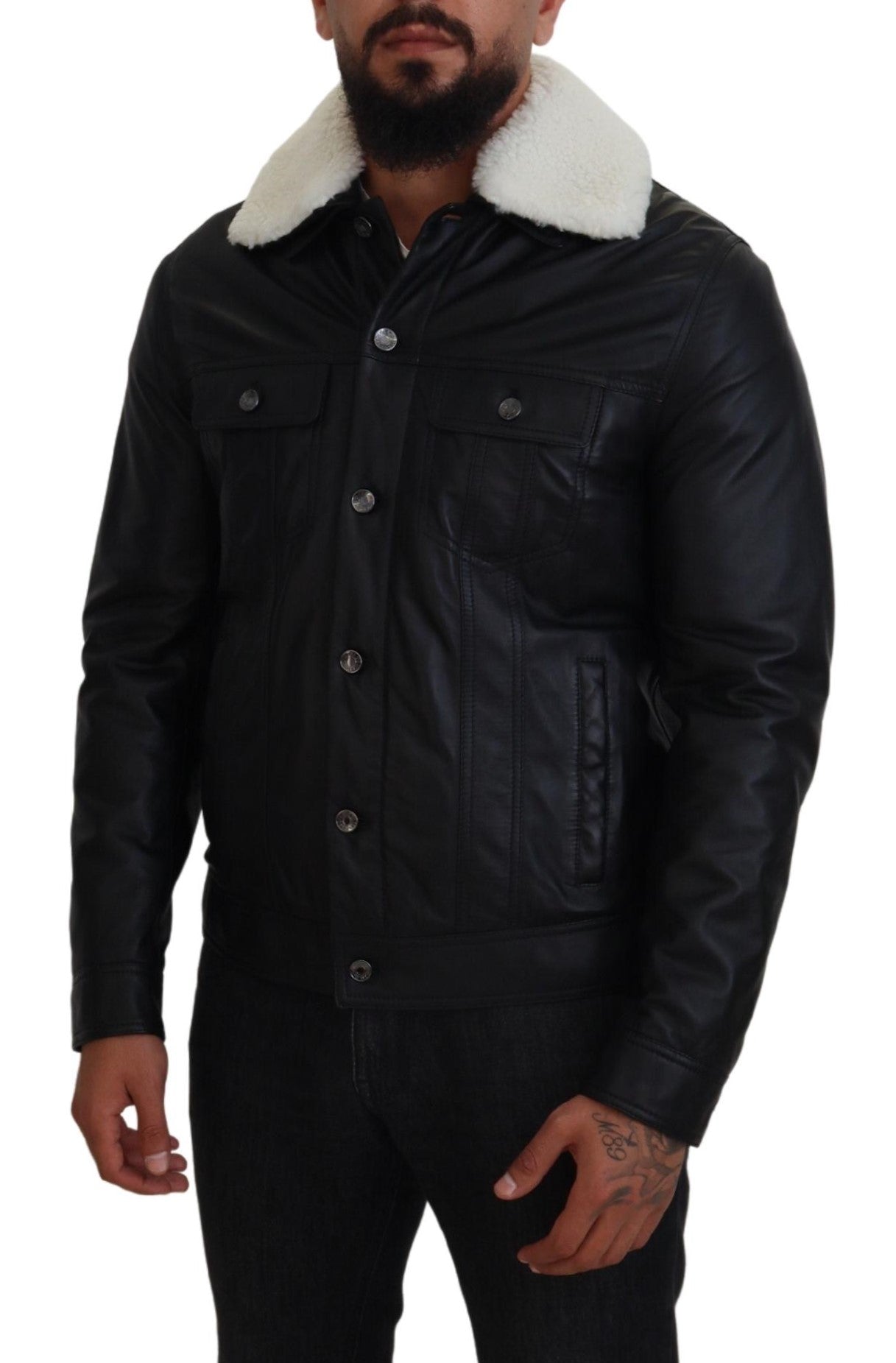 Manteau veste en cuir d'agneau noir avec col pour homme Dolce & Gabbana