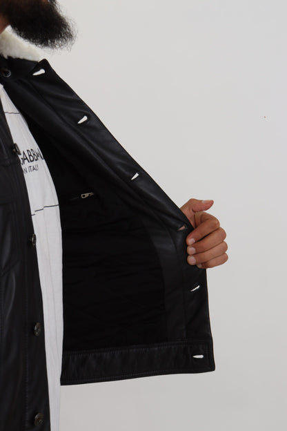 Manteau veste en cuir d'agneau noir avec col pour homme Dolce & Gabbana