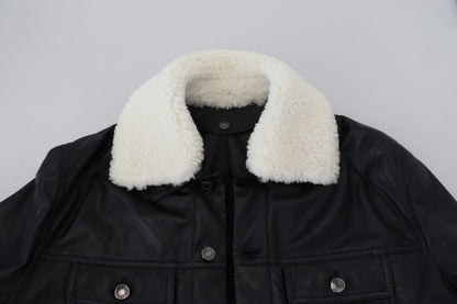 Manteau veste en cuir d'agneau noir avec col pour homme Dolce & Gabbana