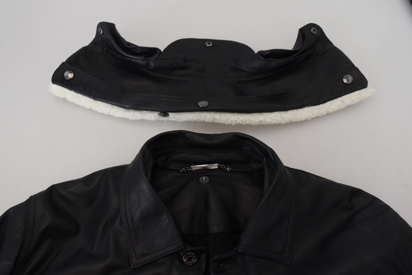 Manteau veste en cuir d'agneau noir avec col pour homme Dolce & Gabbana