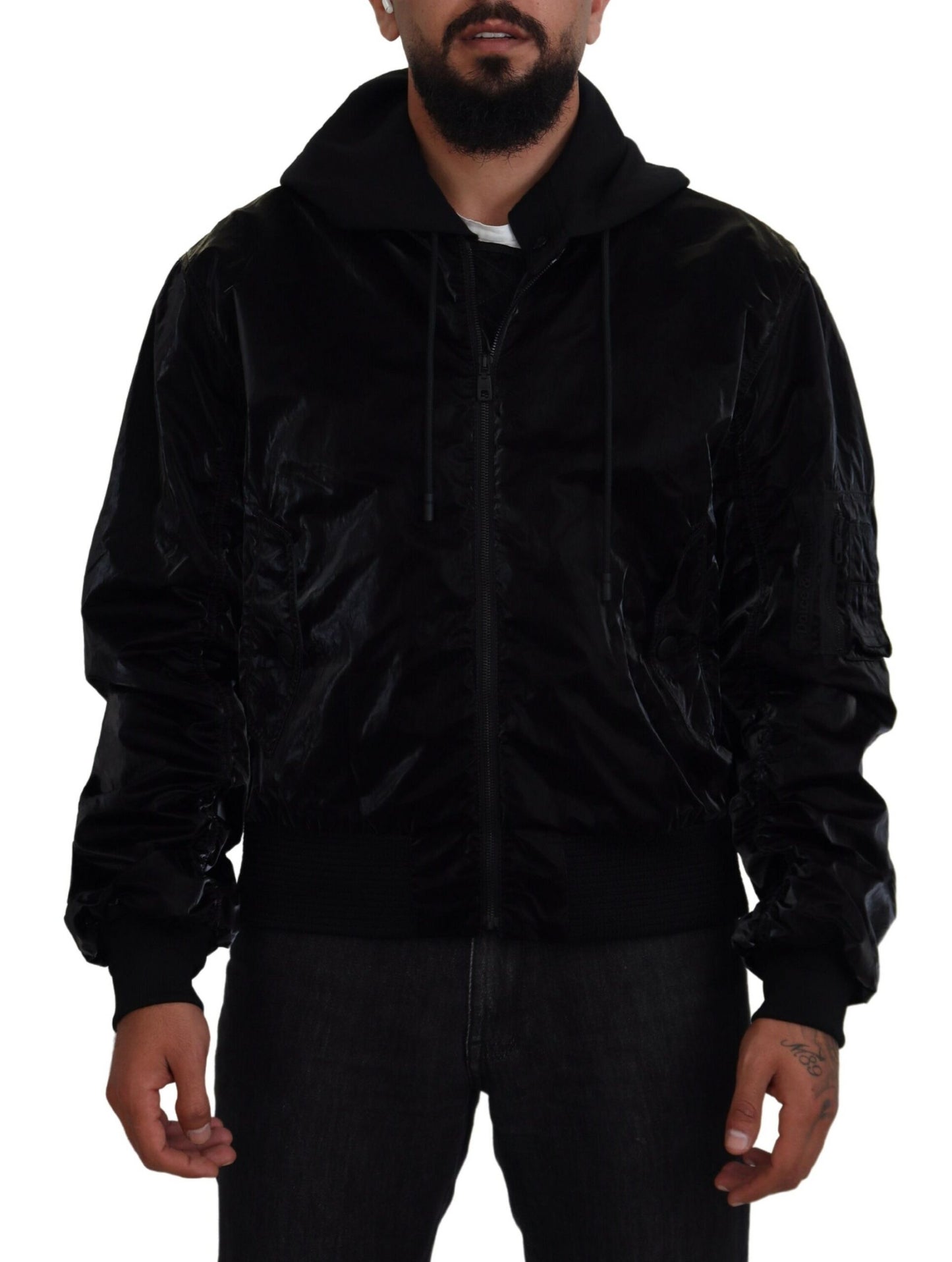 Blouson Bomber Dolce & Gabbana Noir en Nylon à Capuche et Fermeture Éclair Intégrale