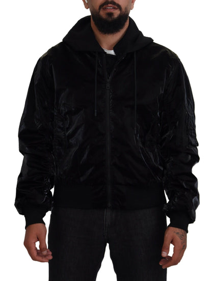 Blouson Bomber Dolce & Gabbana Noir en Nylon à Capuche et Fermeture Éclair Intégrale
