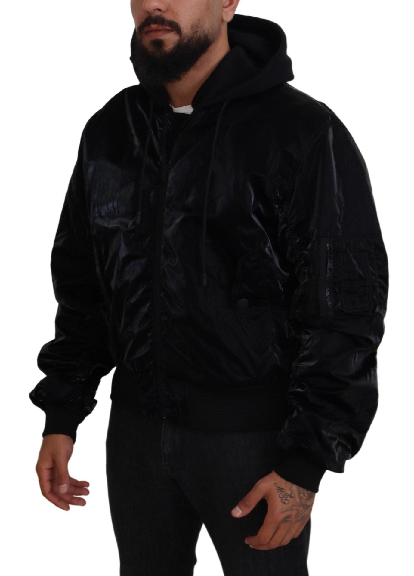 Blouson Bomber Dolce & Gabbana Noir en Nylon à Capuche et Fermeture Éclair Intégrale