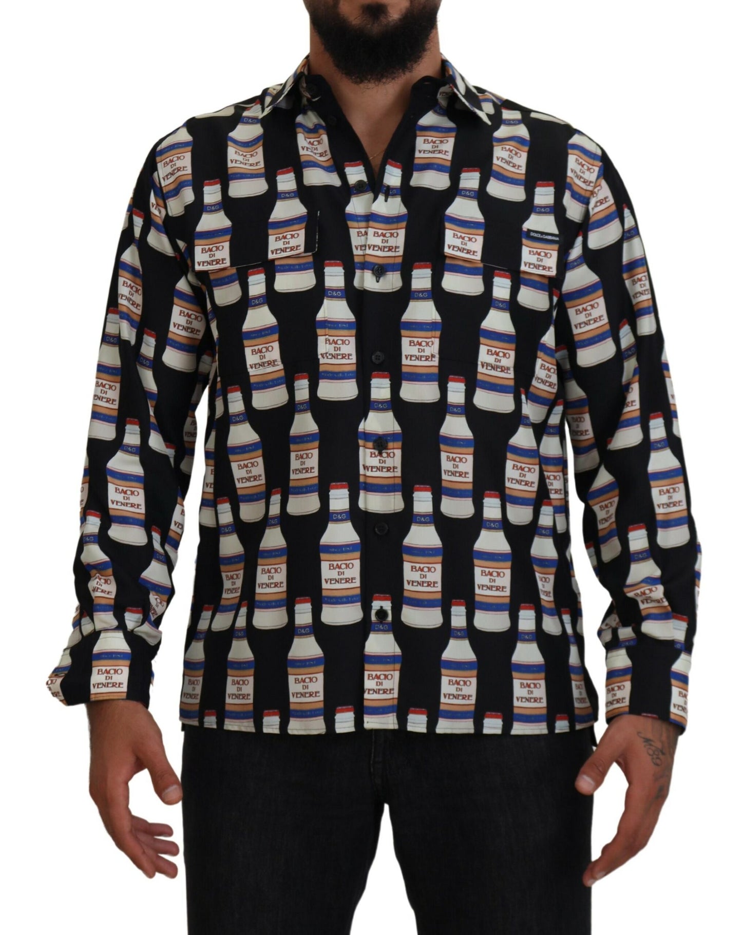 Chemise décontractée homme à col en soie imprimée noire Dolce & Gabbana