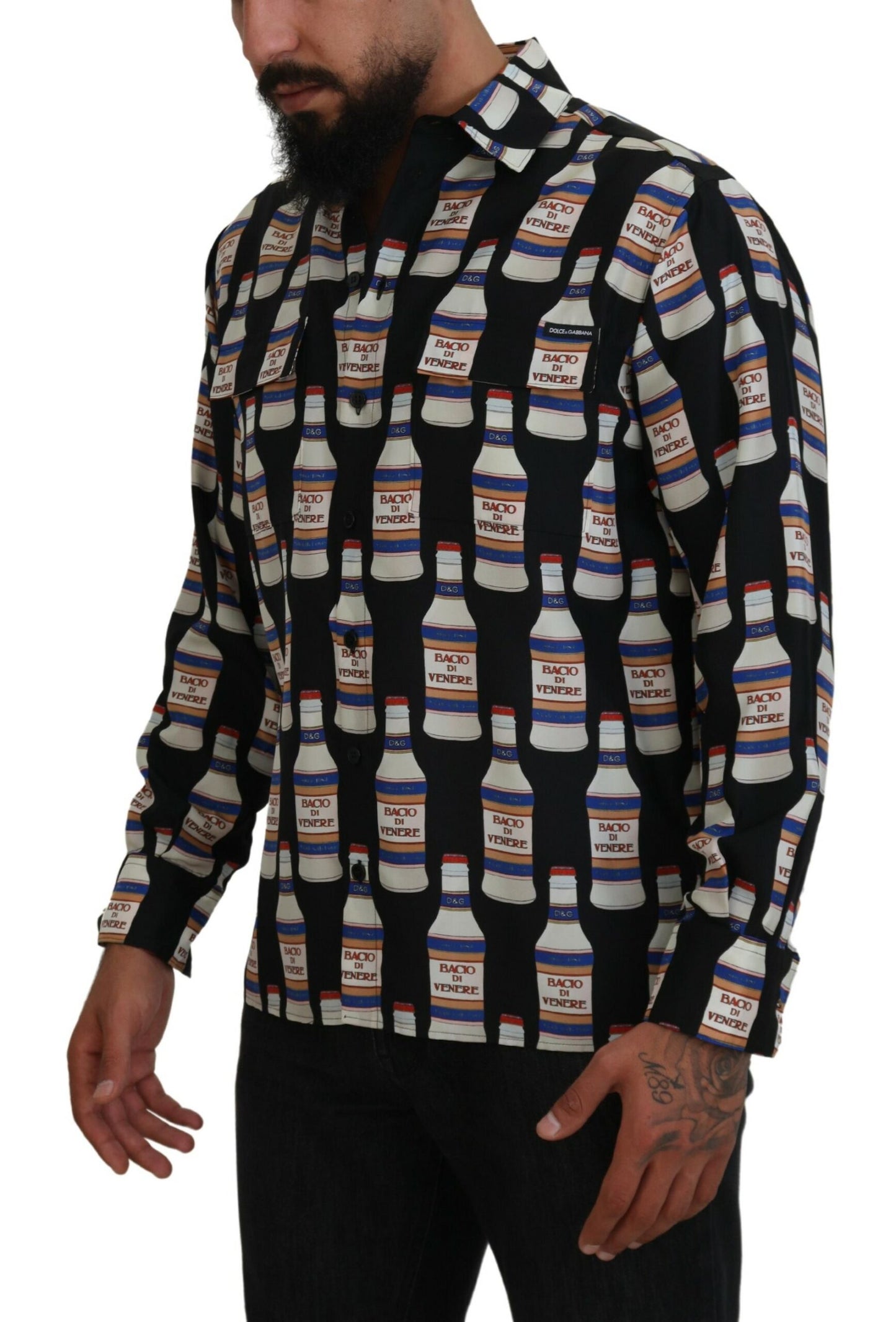 Chemise décontractée homme à col en soie imprimée noire Dolce & Gabbana