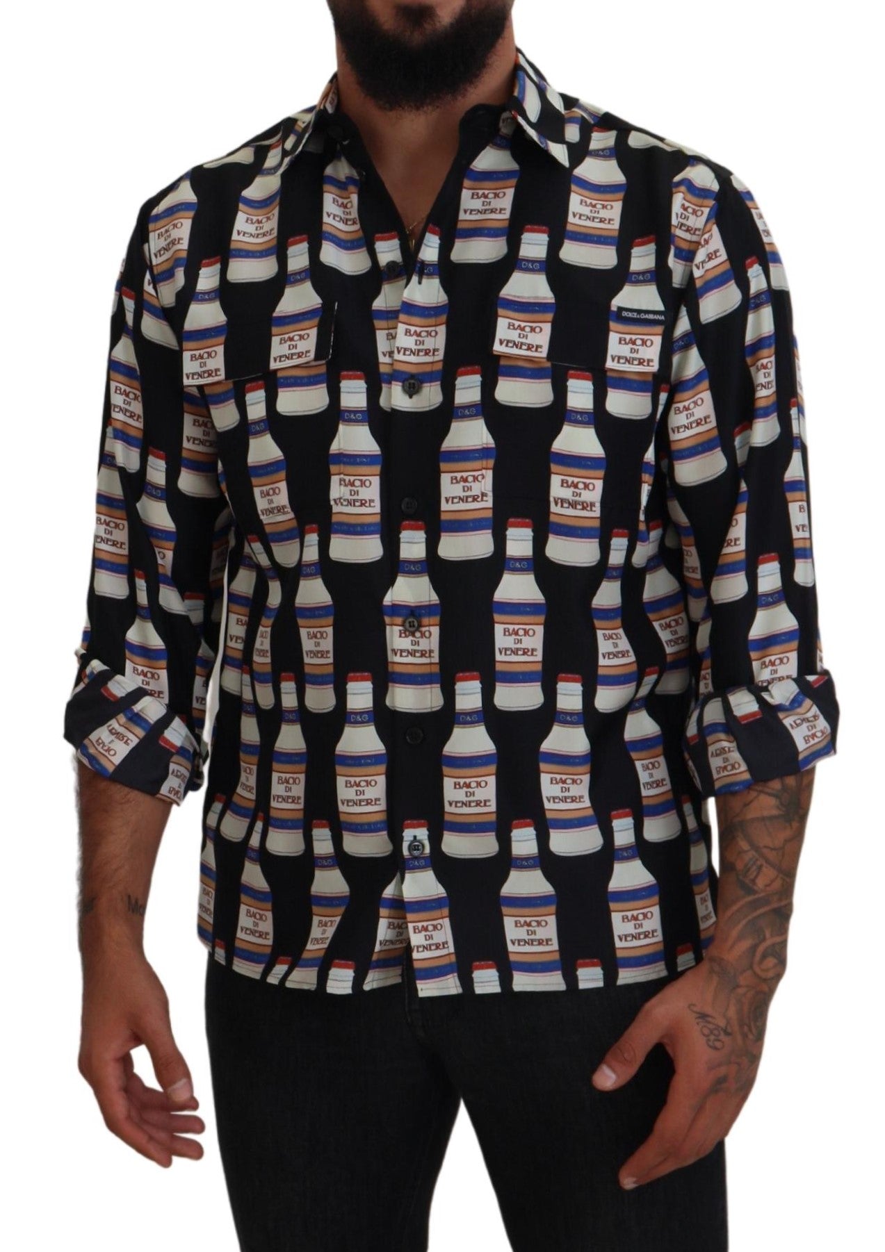Chemise décontractée homme à col en soie imprimée noire Dolce & Gabbana