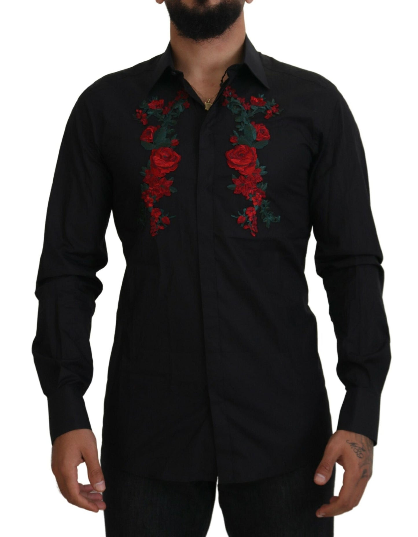 Chemise Dolce & Gabbana Noire Broderie Florale Homme Manches Longues GOLD