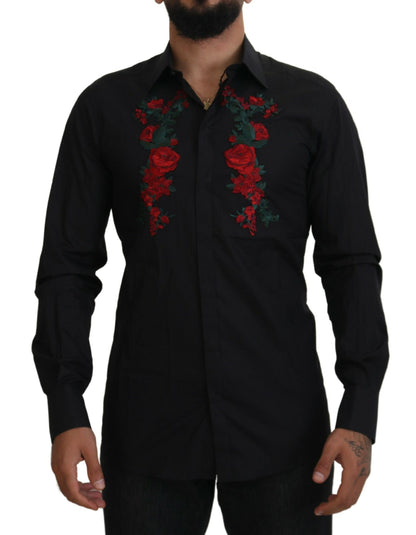 Chemise Dolce & Gabbana Noire Broderie Florale Homme Manches Longues GOLD