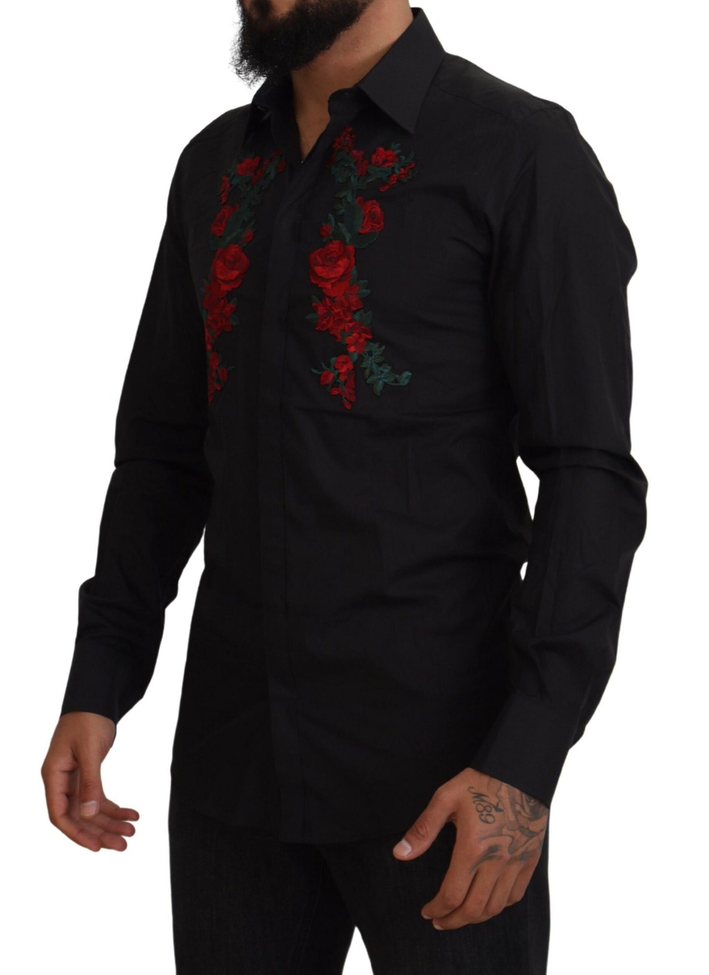 Chemise Dolce & Gabbana Noire Broderie Florale Homme Manches Longues GOLD