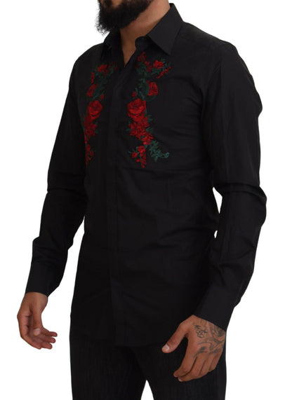 Chemise Dolce & Gabbana Noire Broderie Florale Homme Manches Longues GOLD