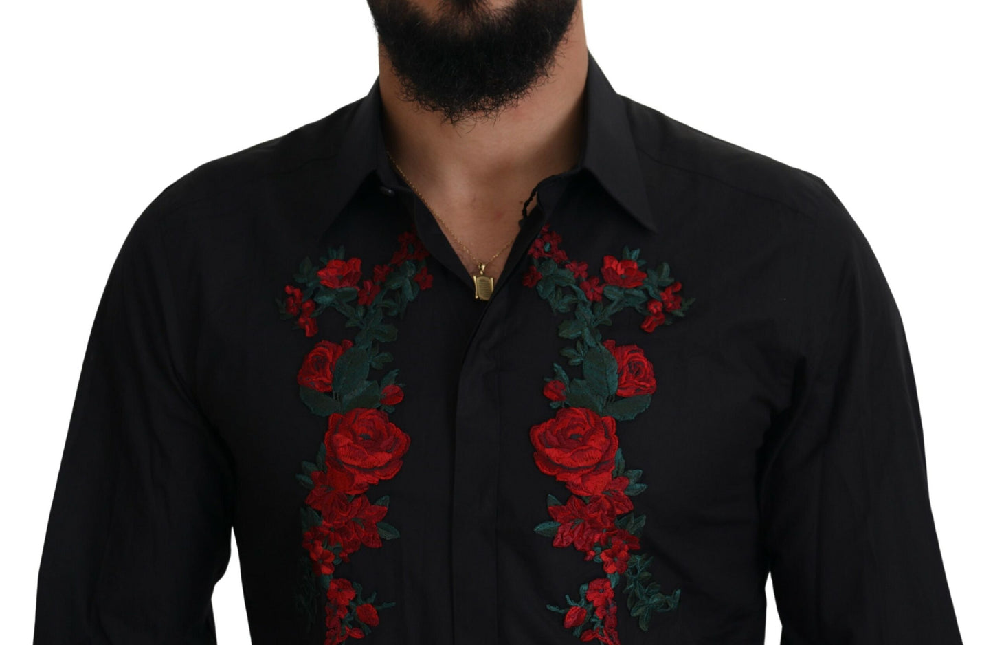 Chemise Dolce & Gabbana Noire Broderie Florale Homme Manches Longues GOLD