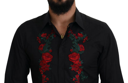 Chemise Dolce & Gabbana Noire Broderie Florale Homme Manches Longues GOLD
