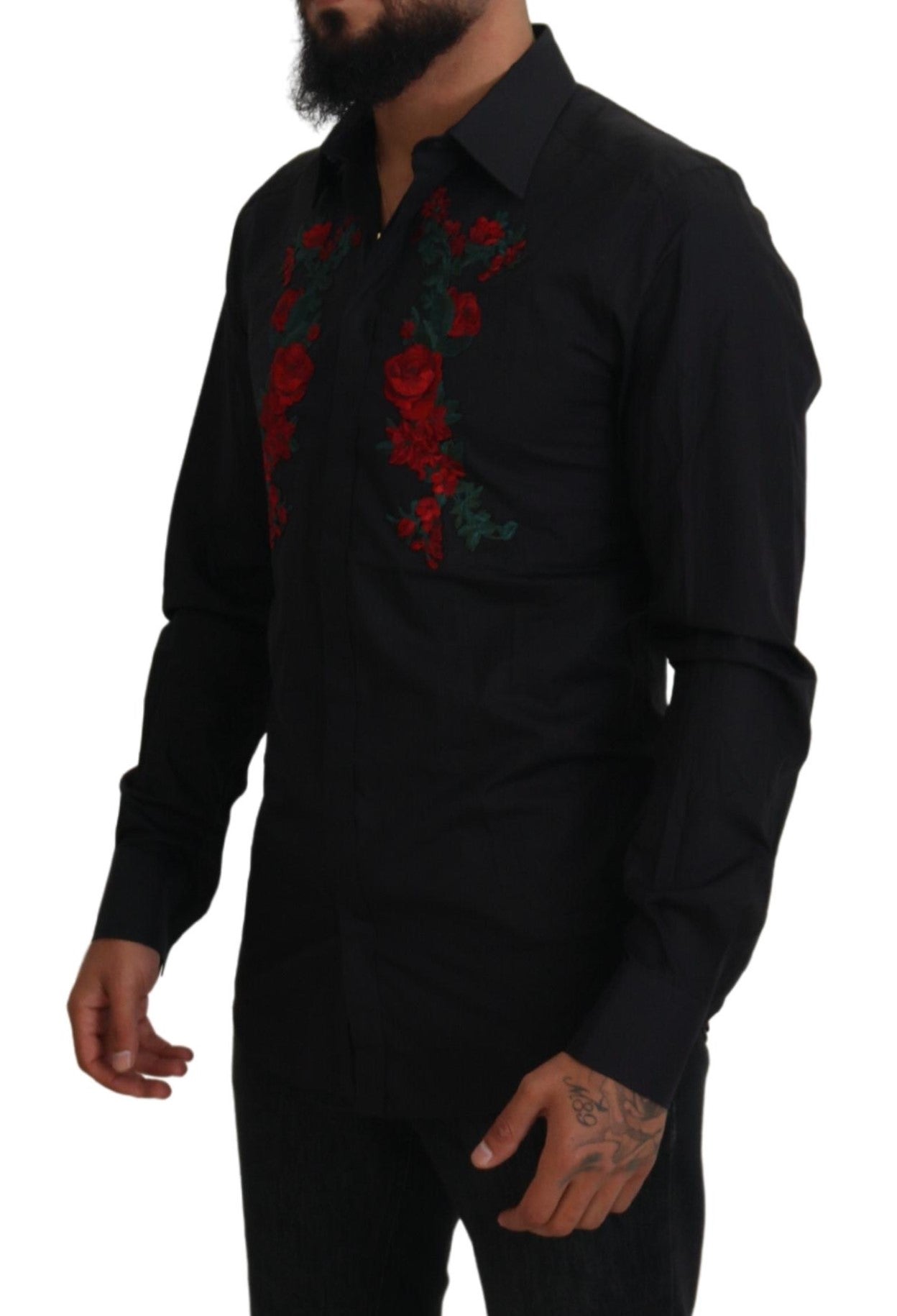 Chemise Dolce & Gabbana Noire Broderie Florale Homme Manches Longues GOLD