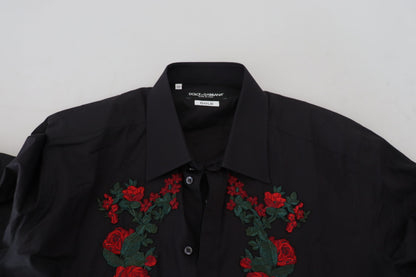 Chemise Dolce & Gabbana Noire Broderie Florale Homme Manches Longues GOLD