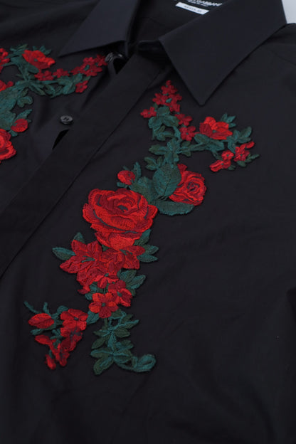 Chemise Dolce & Gabbana Noire Broderie Florale Homme Manches Longues GOLD