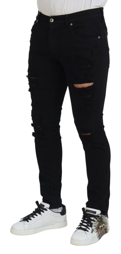 Jeans Dolce & Gabbana en denim de coton noir, coupe slim, effet vieilli
