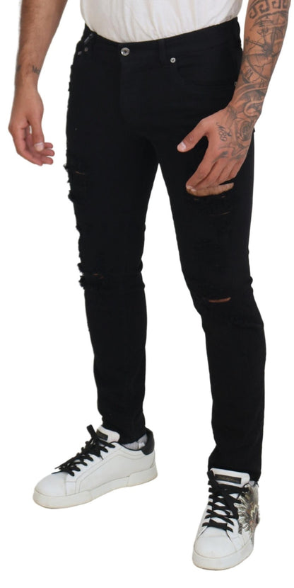 Jeans Dolce & Gabbana en denim de coton noir, coupe slim, effet vieilli