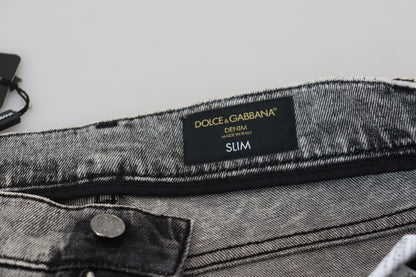Dolce & Gabbana Jean en denim slim fit délavé en coton gris pour homme